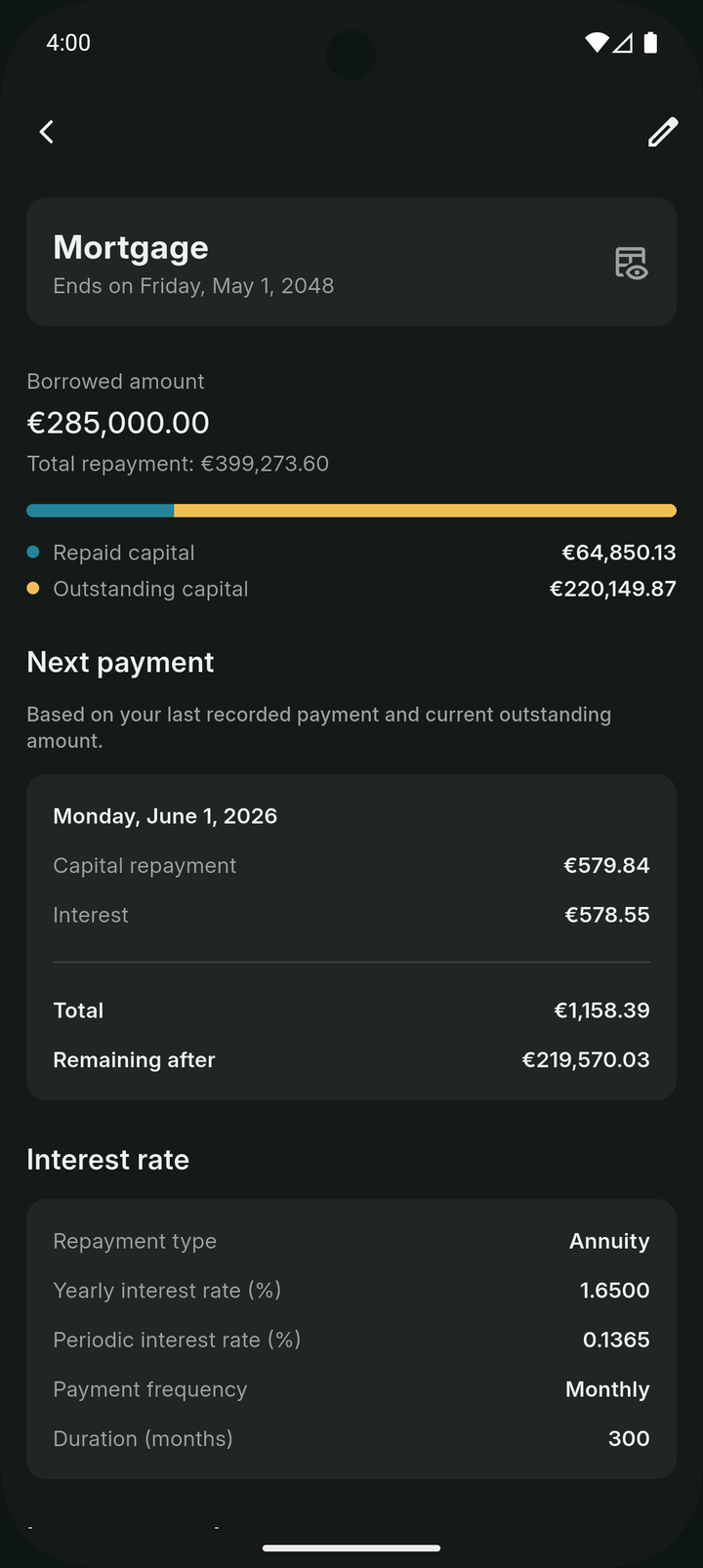Mortgage detail with repayment progress
