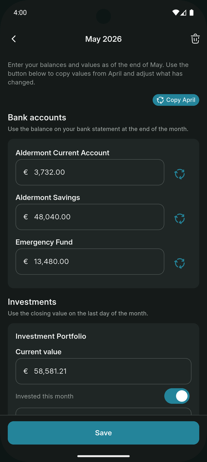 Monthly entry screen