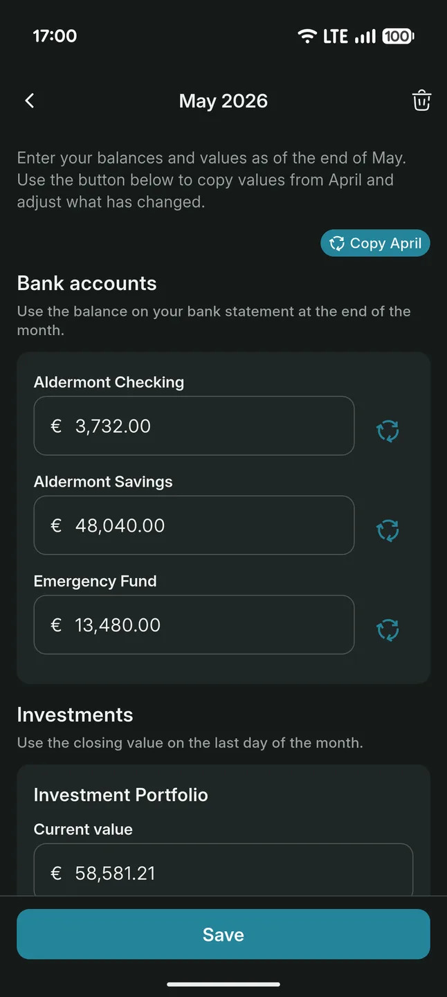 Monthly entry screen with a button to copy last month's values